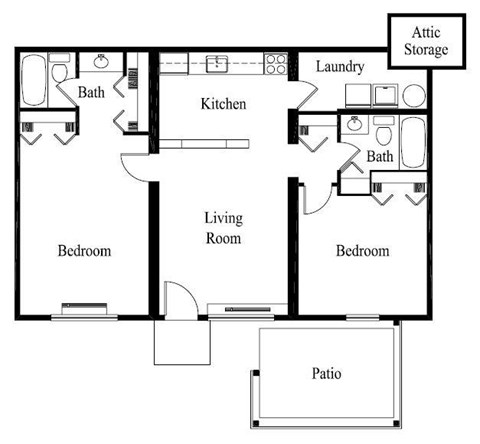 A floor plan of a house with a living room, two bedrooms, a kitchen, a bathroom, a laundry room, and attic storage.